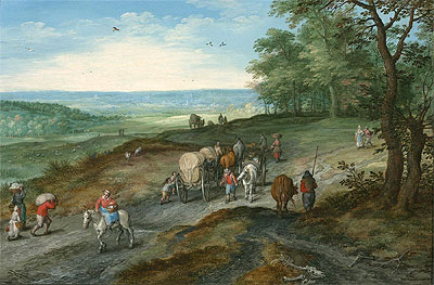 Panorama-Landschaft mit bedecktem Wagen und Reisenden, 1612 | Jan Bruegel the Elder