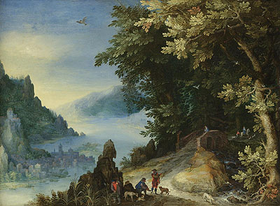 Mountainous River Landscape with Travellers, 159? | Jan Bruegel the Elder | Giclée Leinwand Kunstdruck