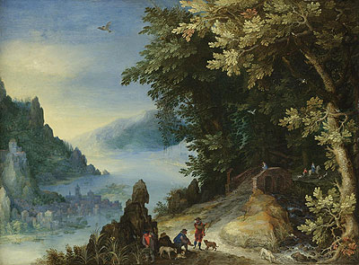 Gebirgsflusslandschaft mit Reisenden, 159? | Jan Bruegel the Elder