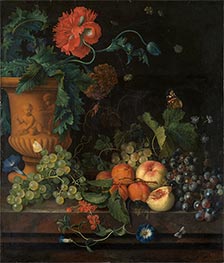 Tonvase mit Blumen daneben Früchte, undated von Jan van Huysum | Leinwand Kunstdruck