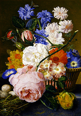 Jan van Huysum | Roses, Morning Glory, Narcissi, Aster and Other Flowers in a Basket, 1744 | Giclée Leinwand Kunstdruck