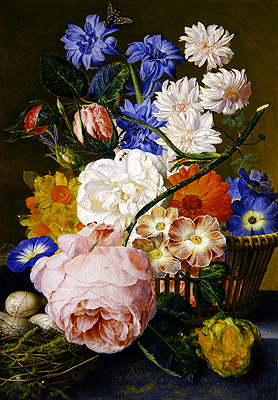 Rosen, Prunkwinde, Narzissen, Astern und andere Blumen in einem Korb, 1744 | Jan van Huysum