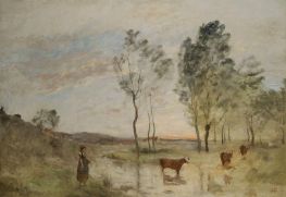 Kühe am Ufer des Gue, c.1870/75 von Corot | Leinwand Kunstdruck