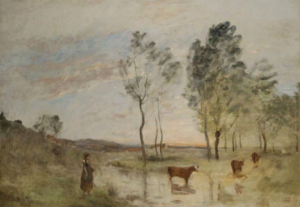 Kühe am Ufer des Gue, c.1870/75 | Corot | Giclée Leinwand Kunstdruck