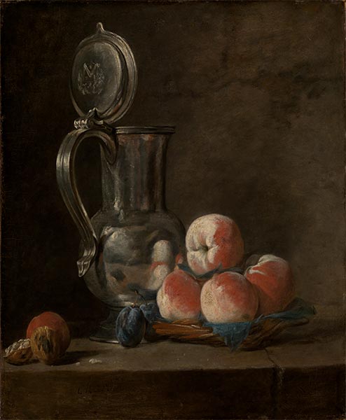 Stillleben mit Zinnkrug und Pfirsichen, c.1728 | Chardin | Giclée Leinwand Kunstdruck