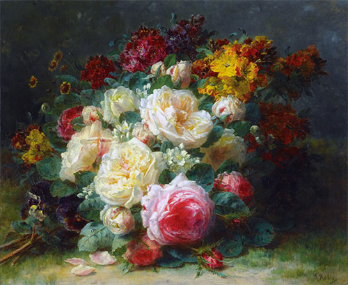 Jean-Baptiste Robie | A Bouquet of Cabbage Roses, undated | Giclée Canvas Print