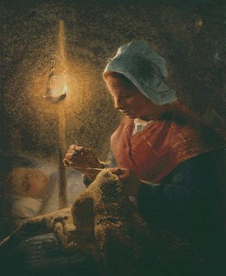 Frau beim Nähen im Lampenlicht, c.1870/72 von Millet | Leinwand-Kunstdruck