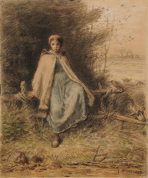 Junge Schäferin, die auf einem Zaun sitzt, c.1866/68 von Millet | Papier-Kunstdruck