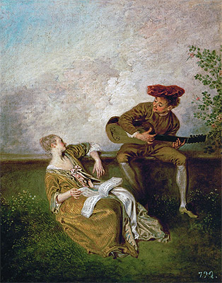 Die Singstunde (Gitarrist und junge Dame mit einem Notenbuch), c.1717/19 | Watteau