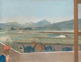 View toward the Mont Blanc Massif from the Artist's Studio at Geneva, with a Self-Portrait, c.1765/70 | Jean Etienne Liotard