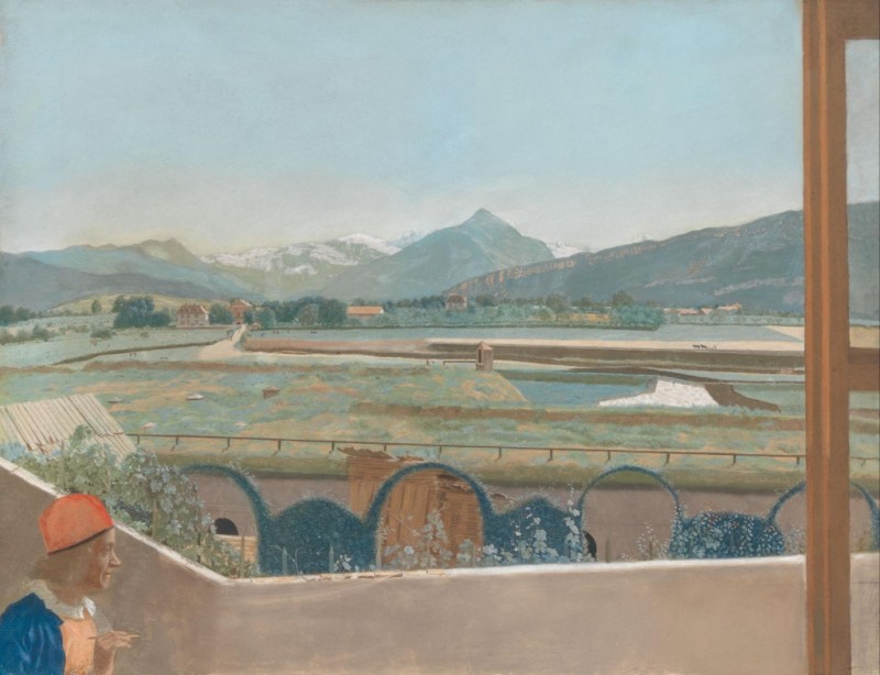 View toward the Mont Blanc Massif from the Artist's Studio at Geneva, with a Self-Portrait, c.1765/70 | Jean Etienne Liotard | Giclée Canvas Print