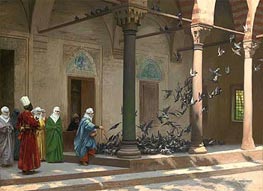 Harem Women Feeding Pigeons in a Courtyard | Gerome | Painting Reproduction