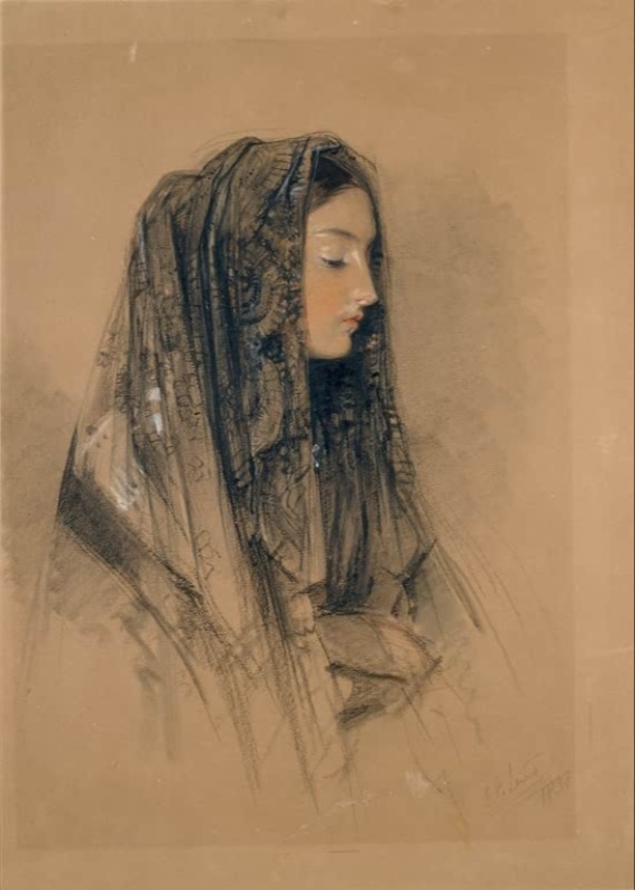 Kopf eines italienischen Mädchens in einer Mantilla, 1838 | John Frederick Lewis | Giclée Papier-Kunstdruck