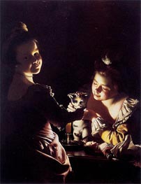 Two Girls Dressing a Kitten by Candlelight | Wright of Derby | Painting Reproduction