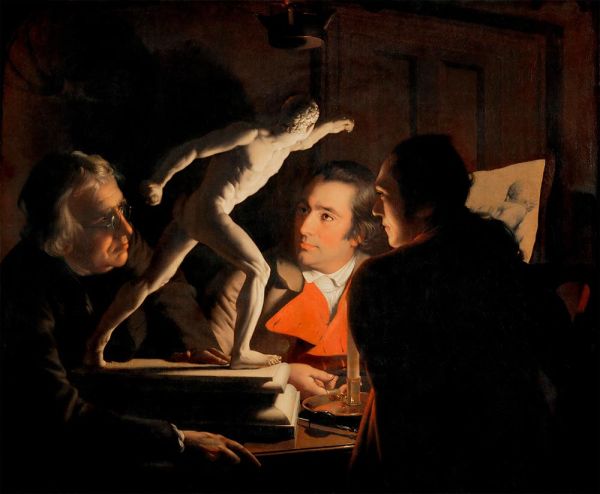 Drei Personen besichtigen den Gladiator bei Kerzenlicht, 1765 | Wright of Derby