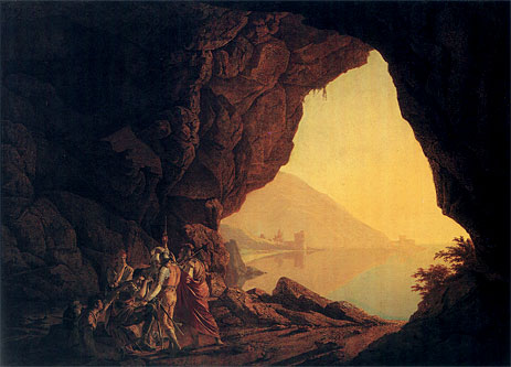 A Grotto by the Sea Side in the Kingdom of Naples with Banditti a Sunset, 1778 | Wright of Derby | Giclée Leinwand Kunstdruck