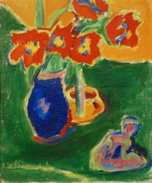 Red tulips in a blue vase with sculpture, 1909 by Ernst Ludwig Kirchner | Canvas Print