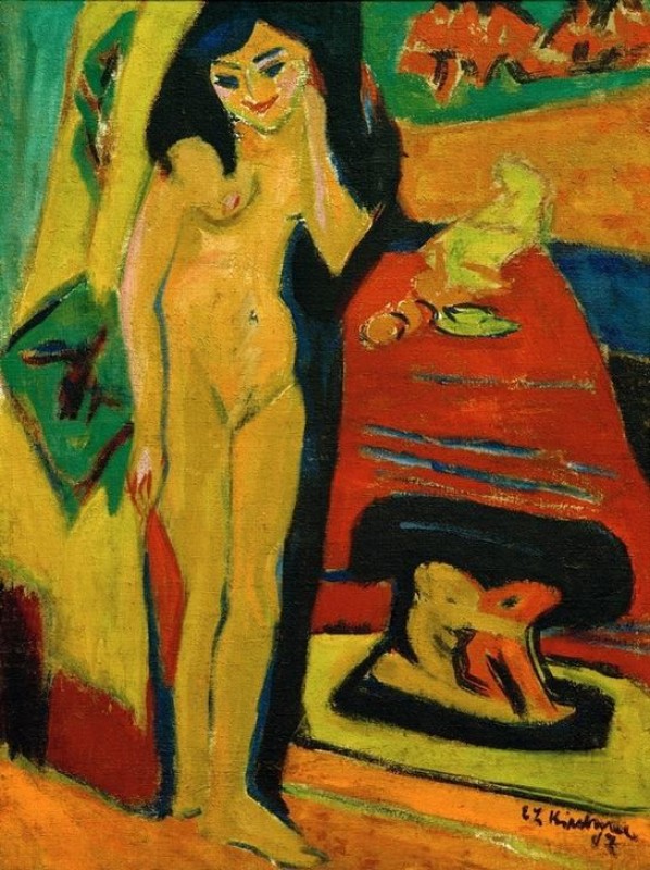Nacktes Mädchen hinter Vorhang (Fränzi), 1910 | Ernst Ludwig Kirchner | Giclée Leinwand-Kunstdruck
