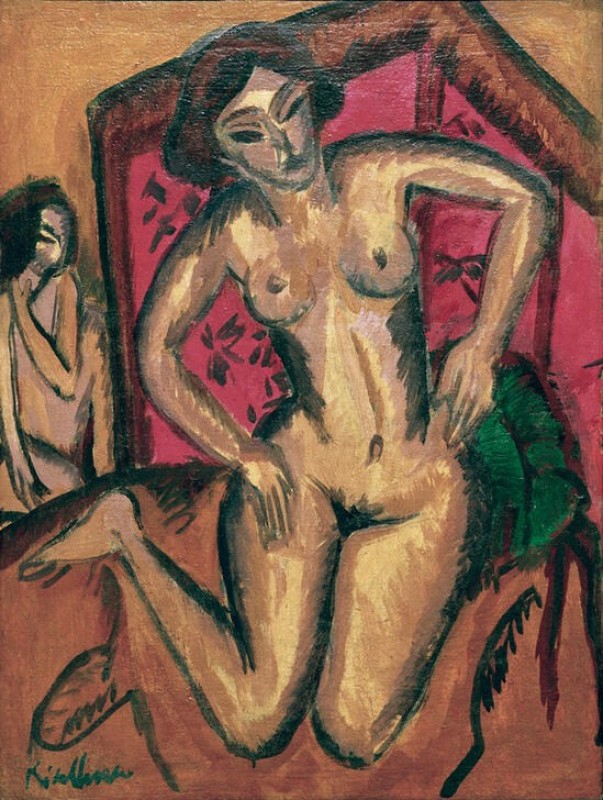 Kneeling Girl Nude in Front of Red Screen, 1912 | Ernst Ludwig Kirchner | Giclée Canvas Print