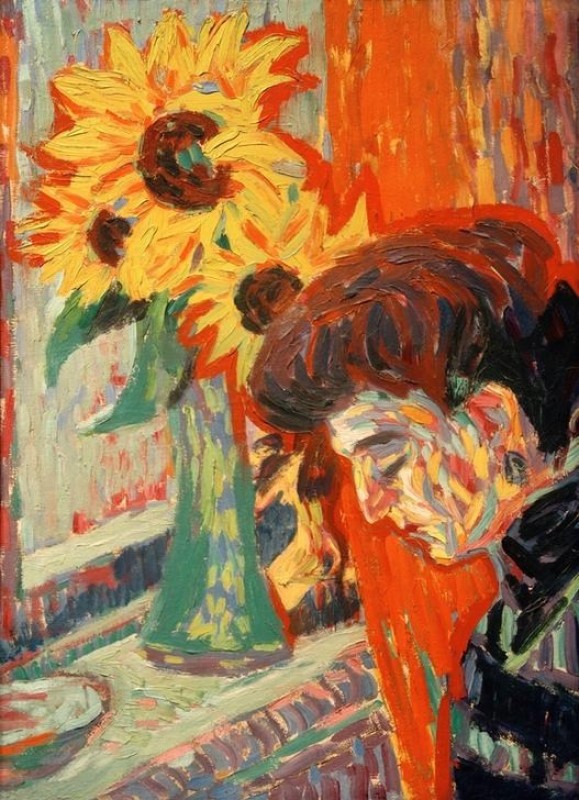 Frauenkopf vor Sonnenblumen, 1906 | Ernst Ludwig Kirchner | Giclée Leinwand-Kunstdruck