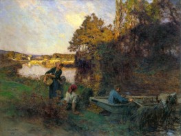 Flussszene mit fünf Figuren und einem Boot, 1907 | Leon-Augustin Lhermitte