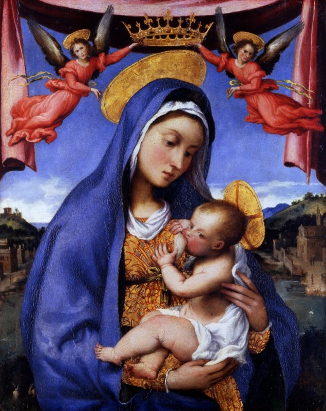 Madonna mit Kind, gekrönt von Engeln, c.1525/29 | Lorenzo Lotto | Giclée Leinwand-Kunstdruck