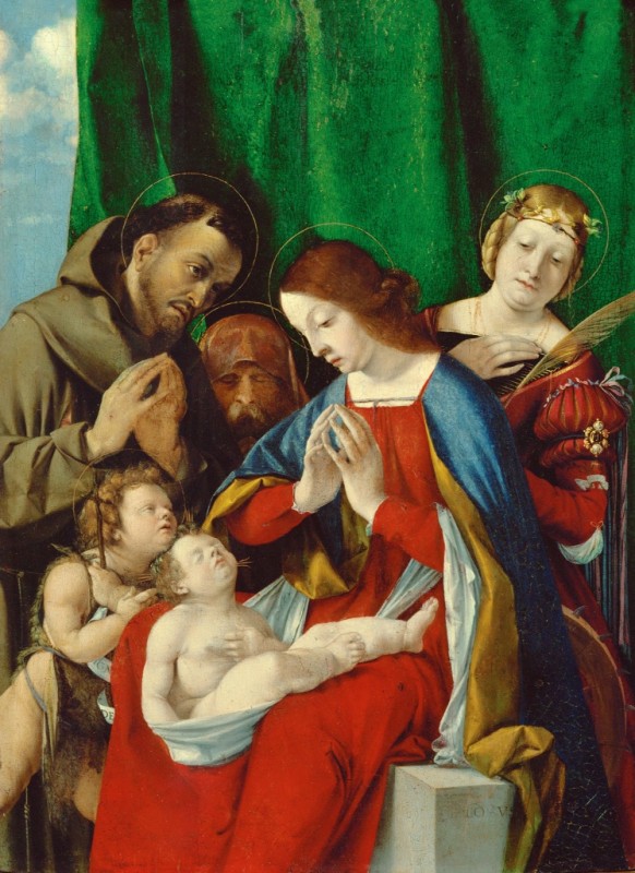 Madonna mit Kind, dem Heiligen Franziskus, dem Heiligen Johannes dem Täufer, dem Heiligen Hieronymus und der Heiligen Katharina von Alexandria, 1508 | Lorenzo Lotto | Giclée Leinwand-Kunstdruck