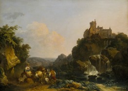 Landschaft mit Wasserfall, Schloss und Bauern, 1767 | Philip James de Loutherbourg