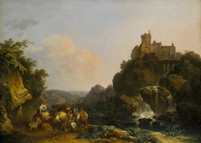 Landscape with Waterfall, Castle and Peasants, 1767 | Philip James de Loutherbourg | Giclée Canvas Print