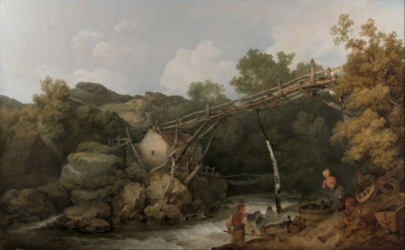 Eine Ansicht bei Matlock, Derbyshire mit Figuren, die unter einem hölzernen Förderband arbeiten, 1785 | Philip James de Loutherbourg | Giclée Leinwand-Kunstdruck
