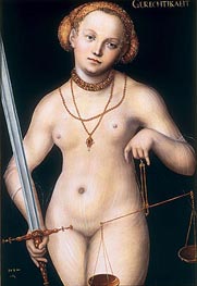 Gerechtigkeit als nackte Frau mit Schwert und Waage, 1537 von Lucas Cranach | Kunstdruck