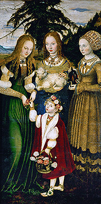 Heilige Dorothea, der von einem Jungen Rosen überreicht werden (Hl. Katharinen-Altar - Linkes Flügelbild), 1506 | Lucas Cranach