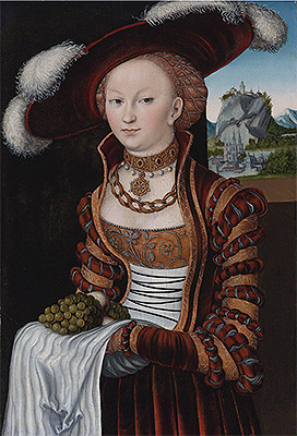 Portrait of a Young Lady Holding Grapes and Apples , 1528 | Lucas Cranach | Giclée Leinwand Kunstdruck
