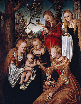 (Ehe der heiligen Katharina) Die Jungfrau und das Kind mit den heiligen Katharina, Dorothea, Margareta und Barbara, 1516 | Lucas Cranach