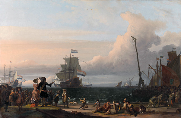 Niederländische Schiffe auf der Reede von Texel: in der Mitte die Gouden Leeuw, das Flaggschiff von Cornelis Tromp, 1671 | Bakhuysen