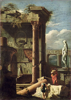 Ancient Building with a Statue and Decorative Figures, c.1720/25 | Marco Ricci | Giclée Canvas Print