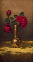 Rote Rosen in einer japanischen Vase auf goldenen Samttuch, c.1885/90 von Martin Johnson Heade | Leinwand Kunstdruck