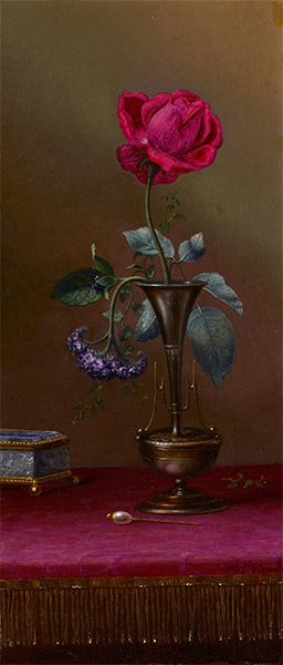 Martin Johnson Heade | Rote Rose und Heliotrop in Vase (erwiderte und unerwiderte Liebe), c.1871/80 | Giclée Leinwand Kunstdruck