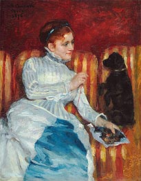 Woman on a Striped Sofa with a Dog | Cassatt | Painting Reproduction