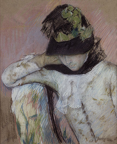 Young Woman in a Black and Green Bonnet, Looking Down, c.1890 | Cassatt | Giclée Papier-Kunstdruck