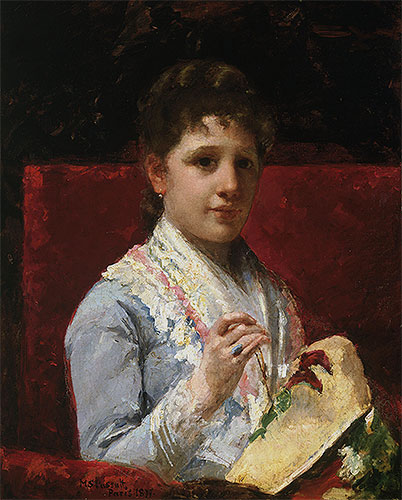 Mary Ellison Embroidering, 1877 | Cassatt | Giclée Leinwand Kunstdruck