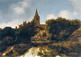 Wooded Landscape with Figures near a Church | Meindert Hobbema | Gemälde Reproduktion