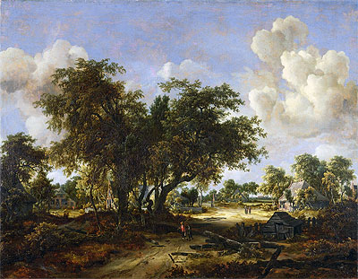 Wooded Landscape with Cottages, 1665 | Meindert Hobbema | Giclée Leinwand Kunstdruck