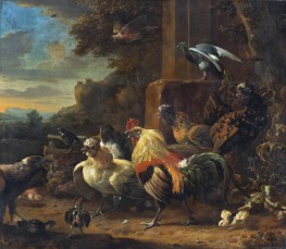 Landschaft mit Geflügel und Raubvögeln, n.d. von Melchior d'Hondecoeter | Giclée Leinwand-Kunstdruck