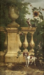 Tauben und ein Hund in einem Garten, n.d. von Melchior d'Hondecoeter | Giclée Leinwand-Kunstdruck