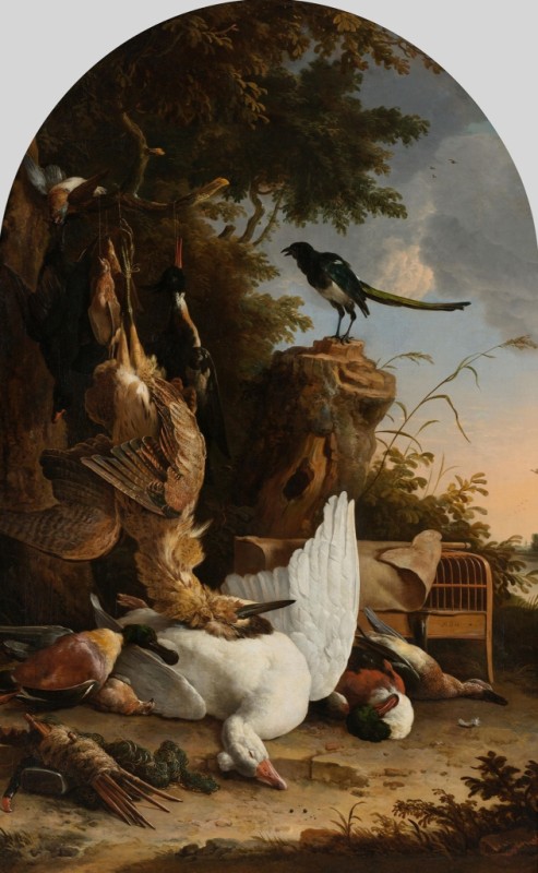 A Hunter's Bag Near a Tree Stump with a Magpie (The Contemplative Magpie), 1678 | Melchior d'Hondecoeter | Giclée Canvas Print