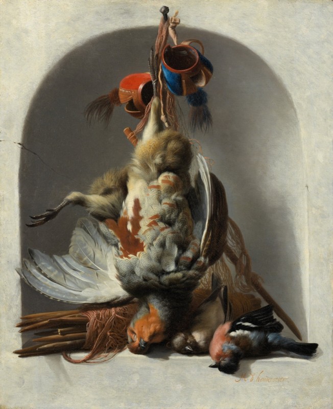 Still Life with Birds and Hunting Gear in a Niche, 1663 | Melchior d'Hondecoeter | Giclée Canvas Print
