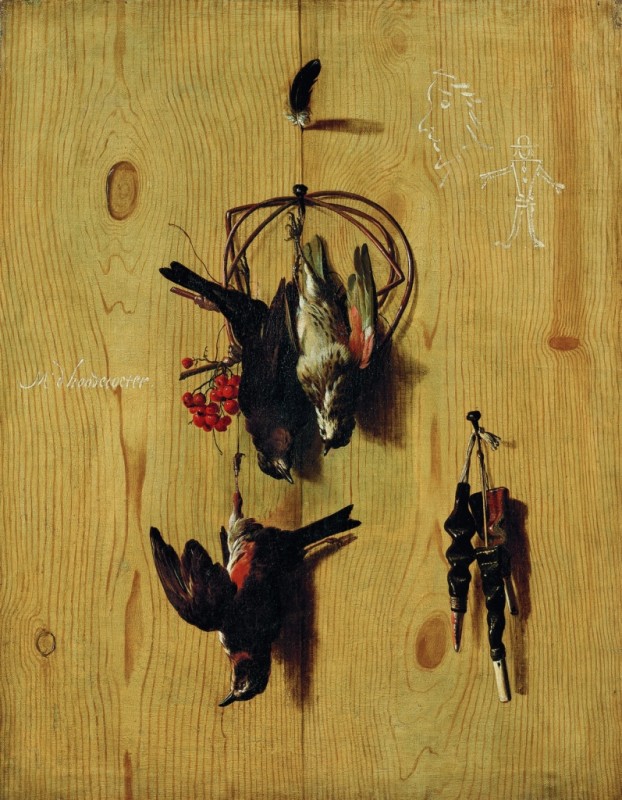 Trompe-l'oeil mit Rotkehlchen und einem Wacholderdrossel, c.1660/70 | Melchior d'Hondecoeter | Giclée Leinwand-Kunstdruck