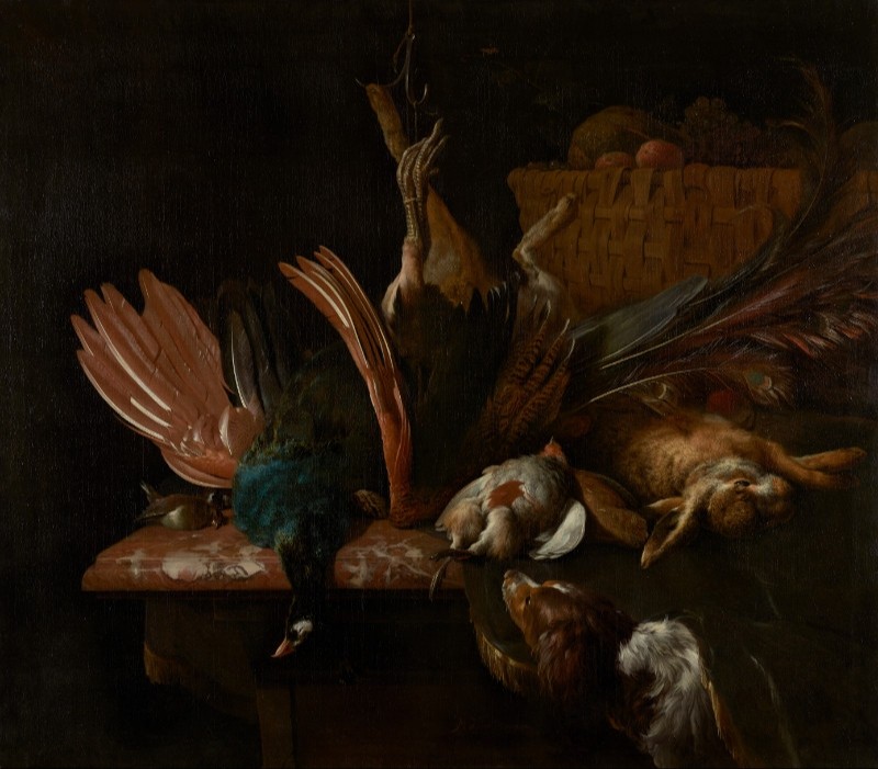 Stillleben mit Pfau, Kaninchen und Spaniel, c.1665/69 | Melchior d'Hondecoeter | Giclée Leinwand-Kunstdruck