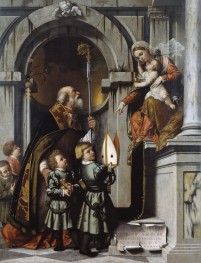 St. Nicholas of Bari Presents Galeazzo Rovellio's Students to the Enthroned Virgin and Child (Rovellio Altarpiece) by Moretto da Brescia, 1539